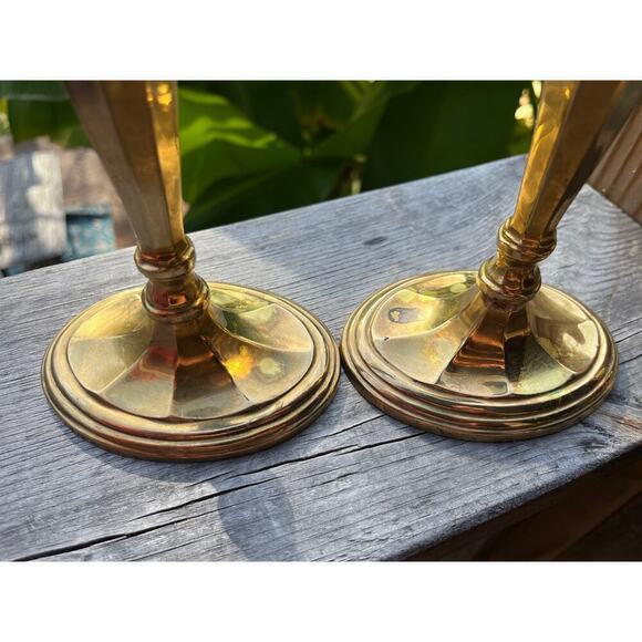 Vintage Solid Brass Candlestick Holders. tall. heavy. matching oval top & bottom - Picture 4 of 9